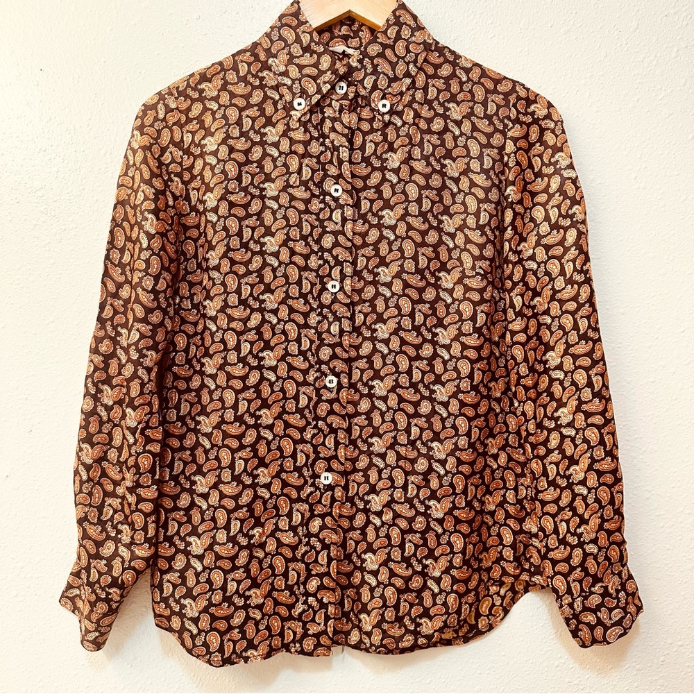 Vintage 70s Country Set Fall Micro Paisley Print Silky Satin Button Front Blouse